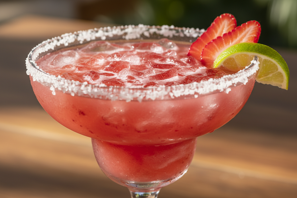 a closeup of a strawberry and lime Margareta