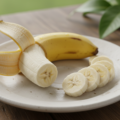 a square image of a closeup of a banana with some slices on the side