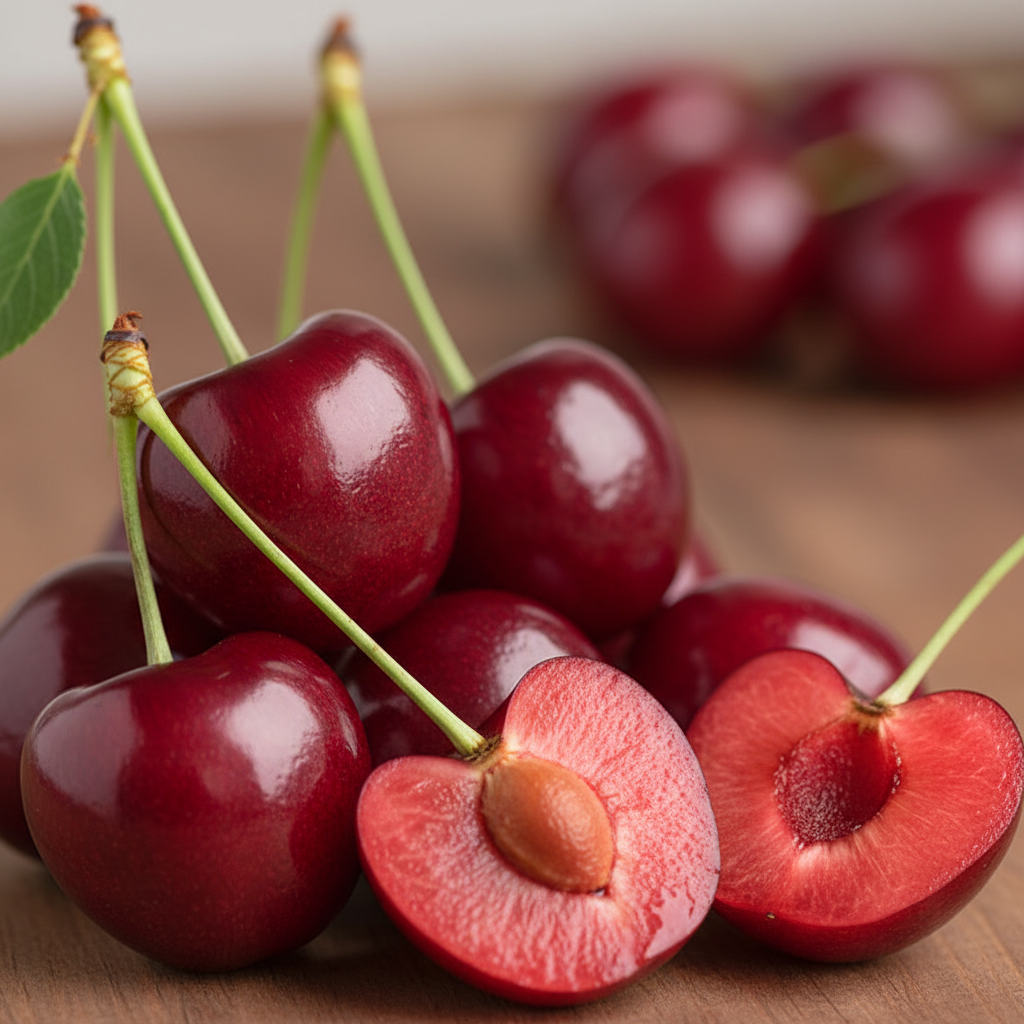 a square image of a closeup of a cherries with some sliced on the side