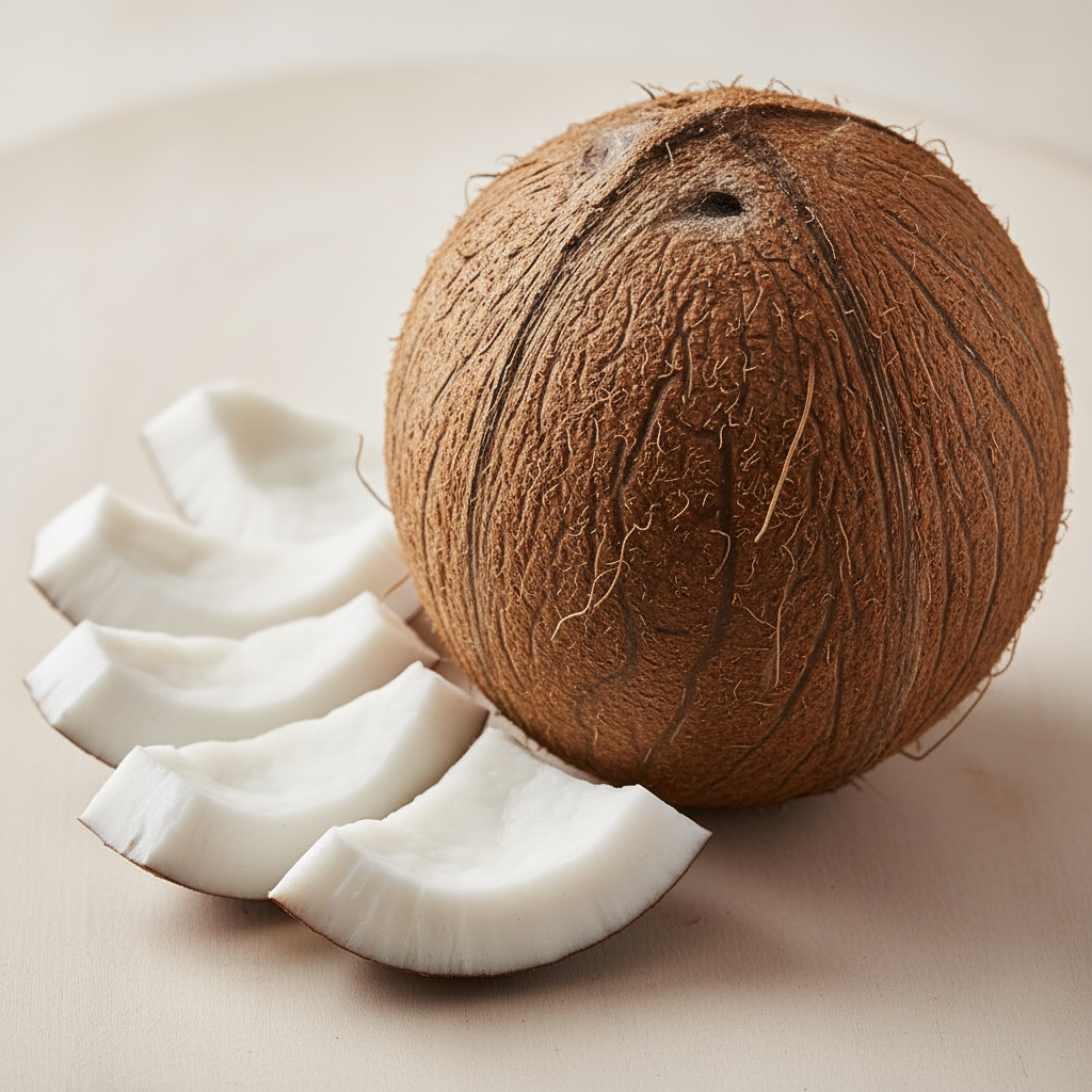 a square image of a closeup of a coconut with some slices on the side
