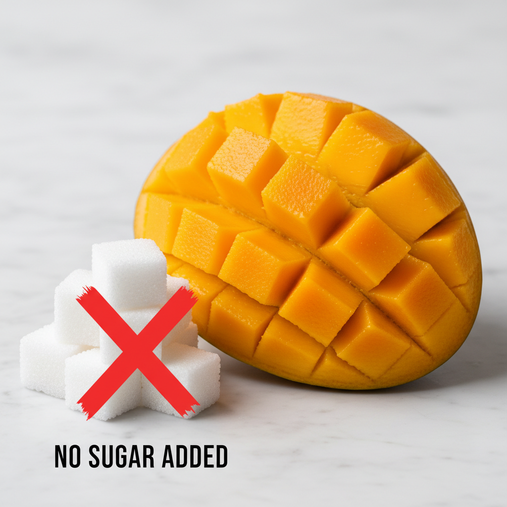 a square image of a closeup of a cut mango with a pile of sugar cubes that are crossed out to indicate that no sugar was added
