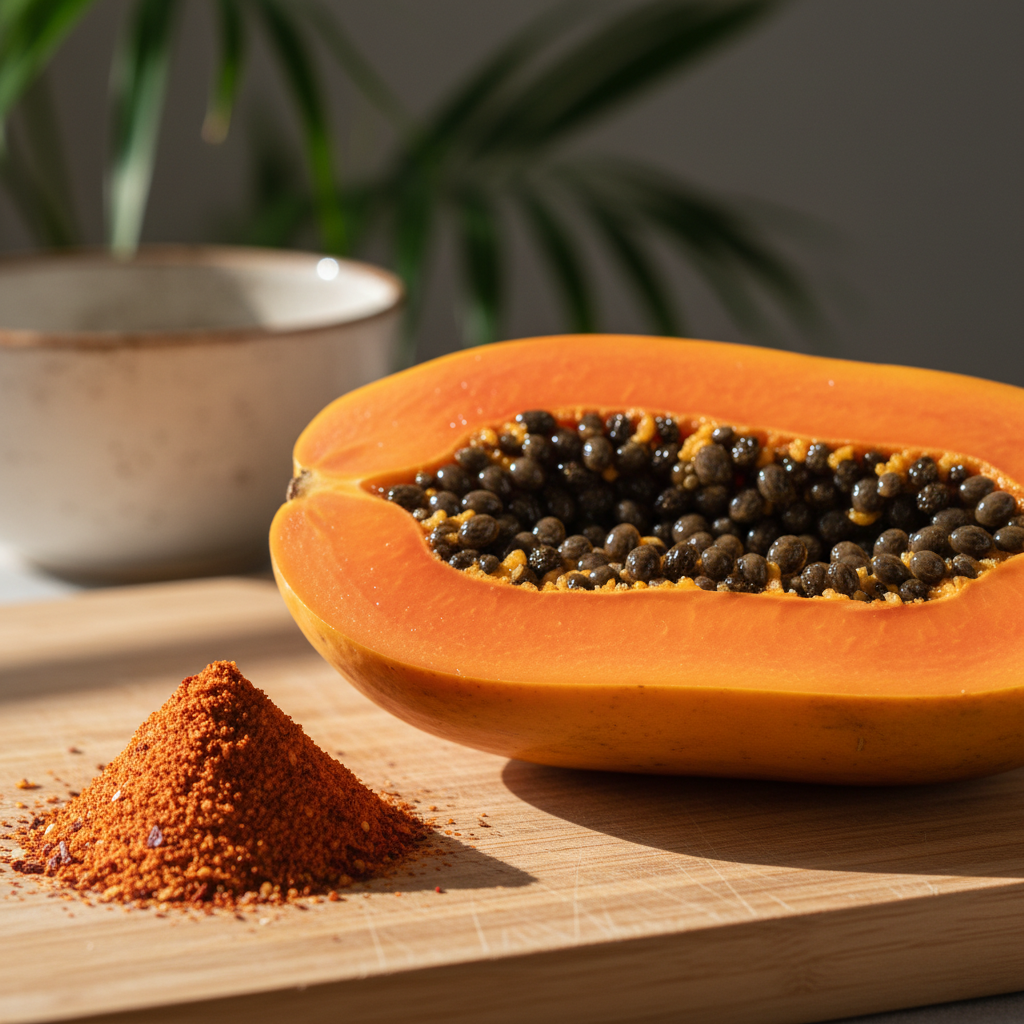 a square image of a closeup of a cut papaya with a small pile of tajin spice on the side