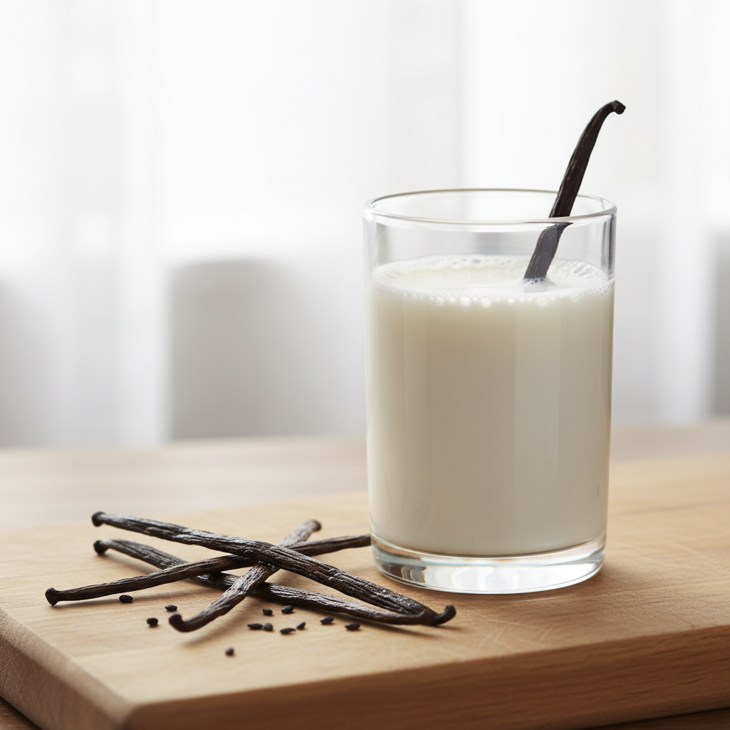 a square image of a closeup of a glass of milk and some vanilla beans