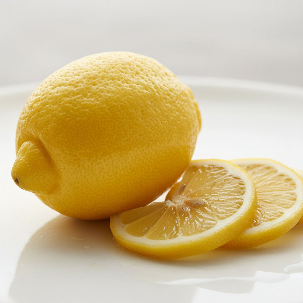 a square image of a closeup of a lemon with some slices on the side