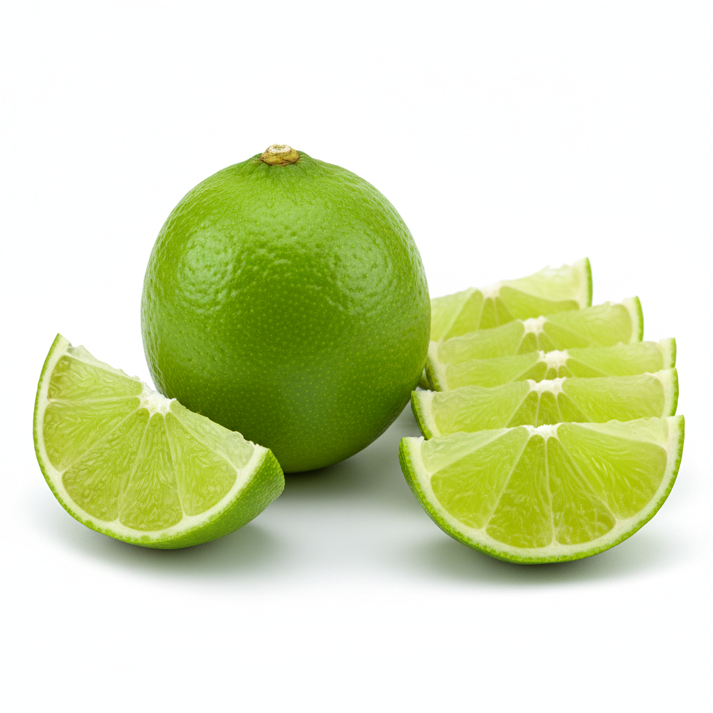 a square image of a closeup of a lime with some slices on the side