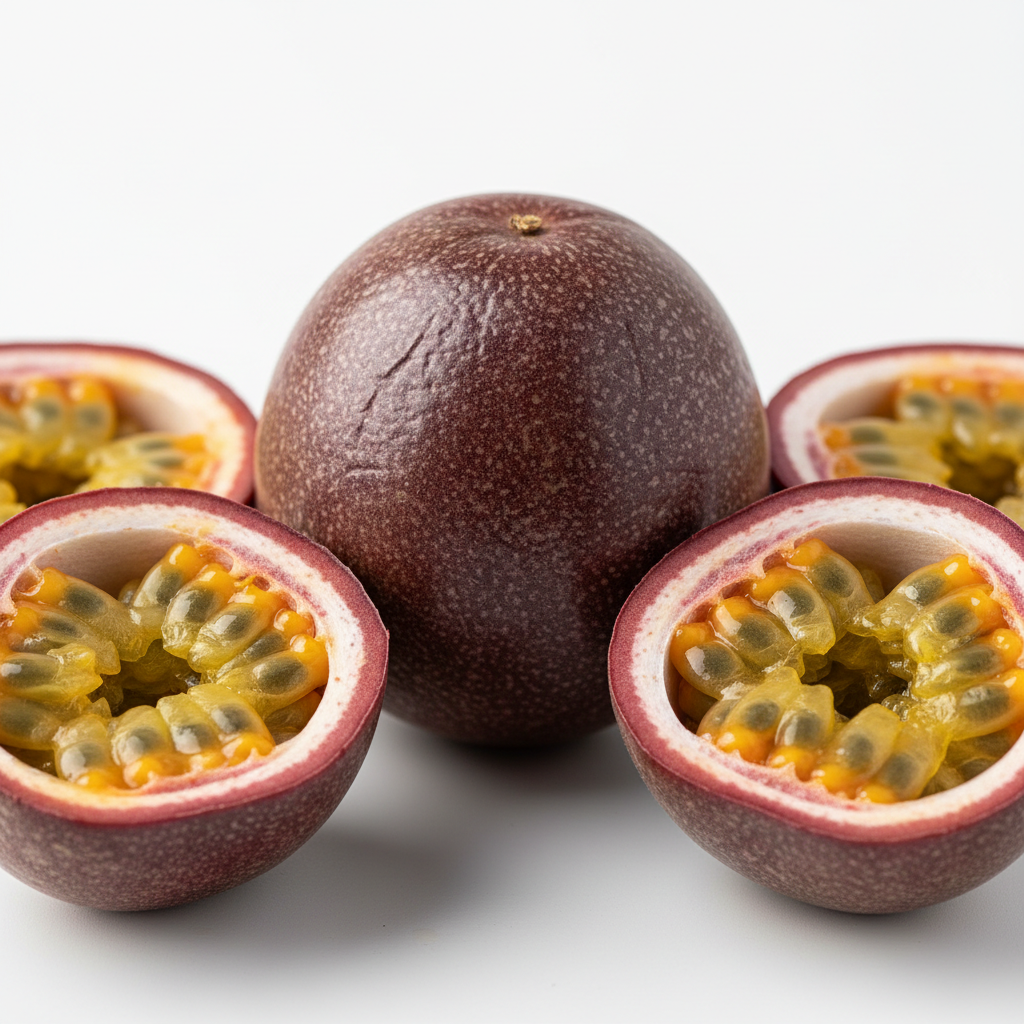 a square image of a closeup of a passion fruit with some sliced on the side