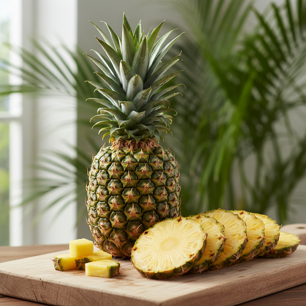 a square image of a closeup of a pineapple with some slices on the side