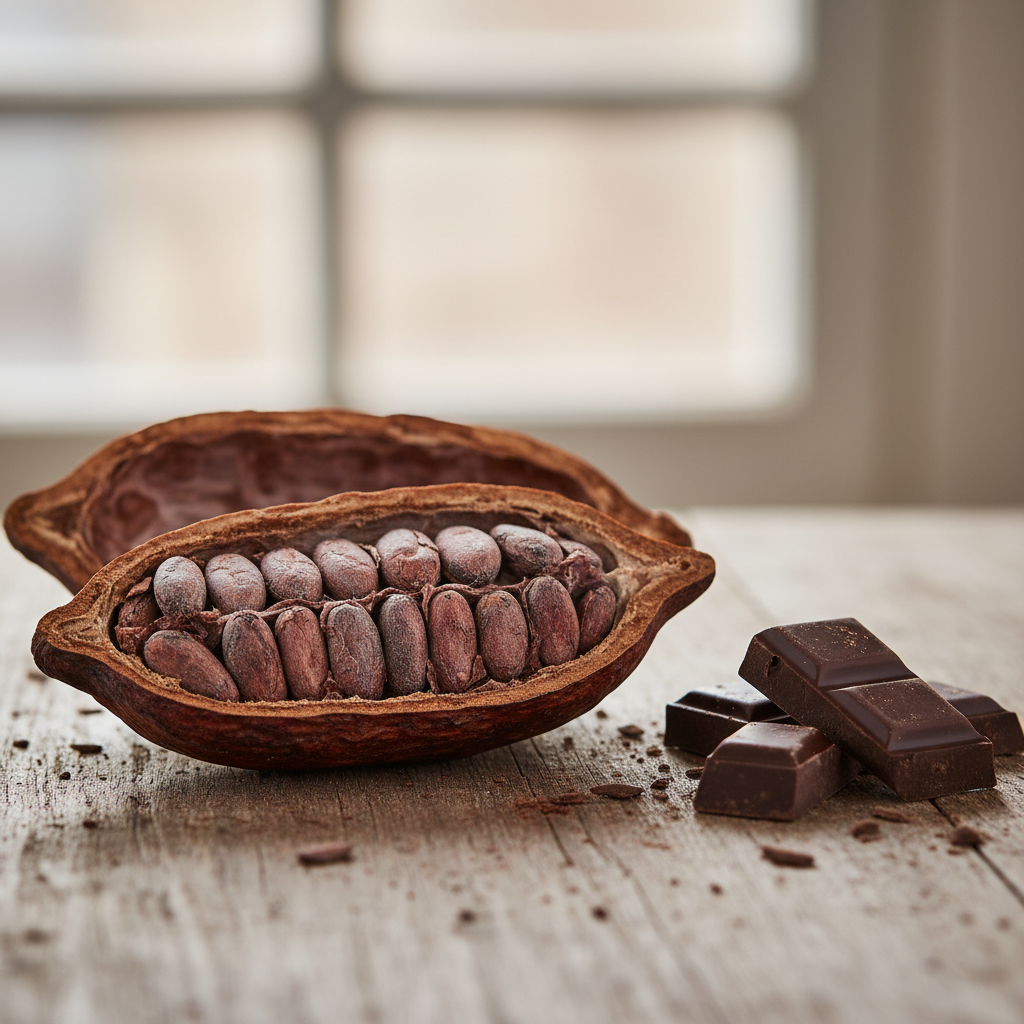 a square image of a closeup of a pristine opened cocoa bean on a table with some chocolate chunks beside it.
