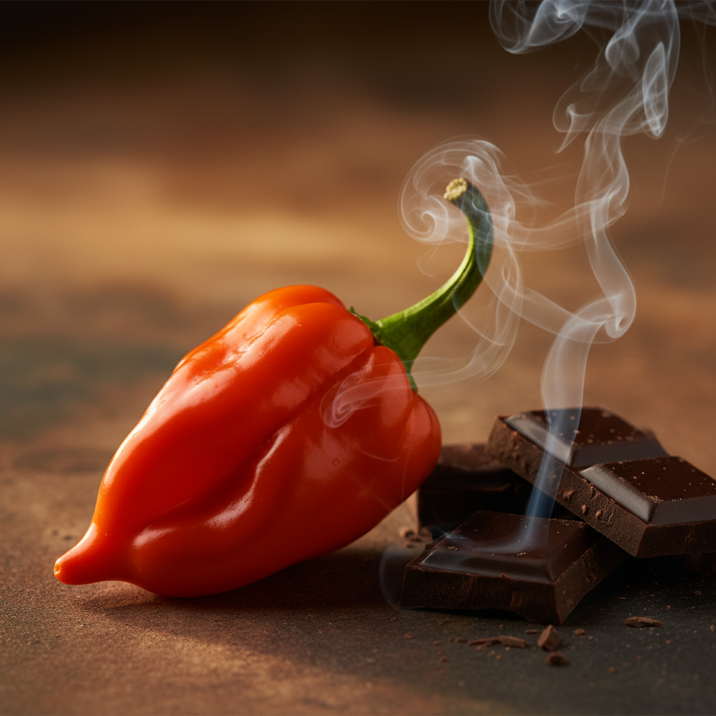 a square image of a closeup of a scotch bonnet pepper with some chunks of dark chocolate on the side and some sexy smoke in the air