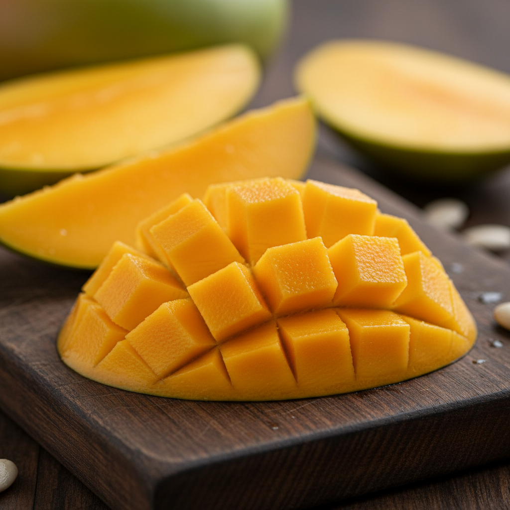 a square image of a closeup of a sliced mango