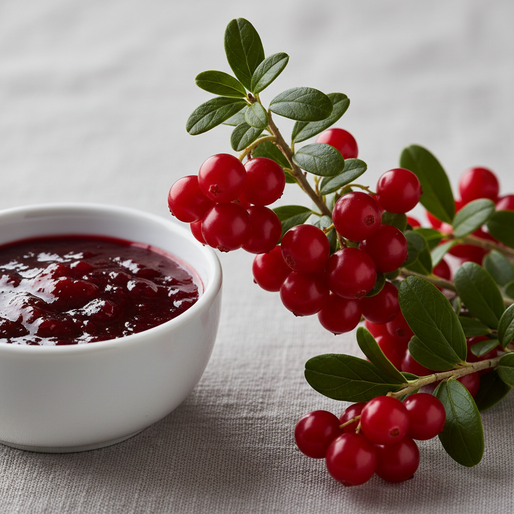 a square image of a closeup of an cranberry branch with some cranberry sauce on the side