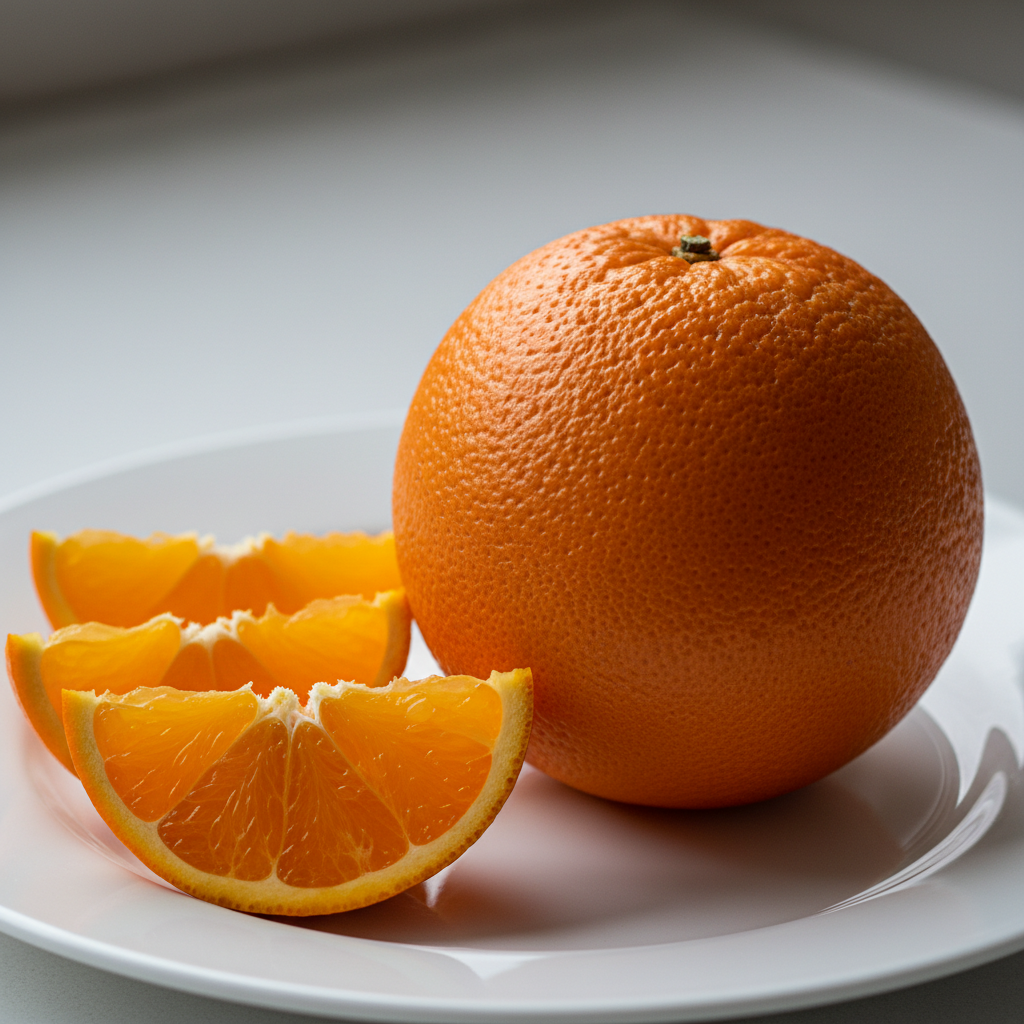 a square image of a closeup of an orange with some slices on the side