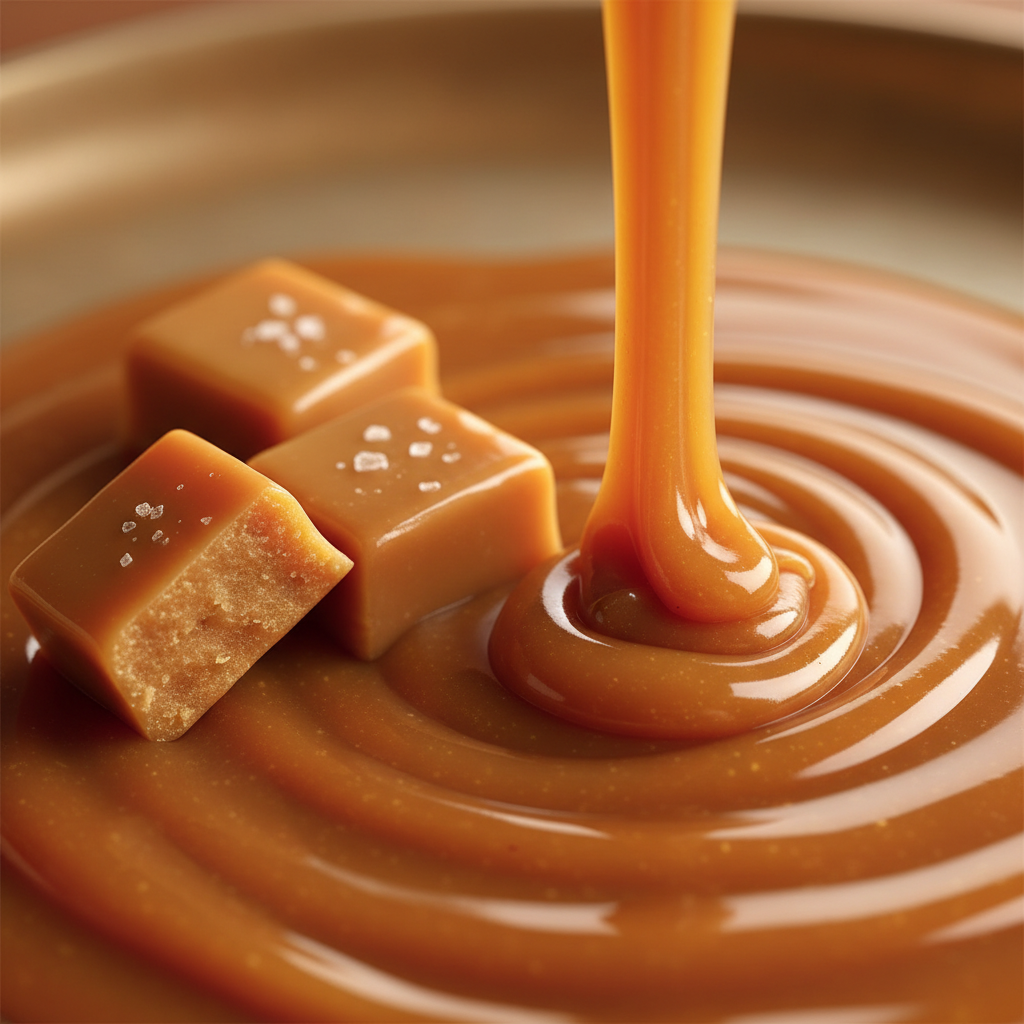 a square image of a closeup of caramel with some caramel pieces on the side