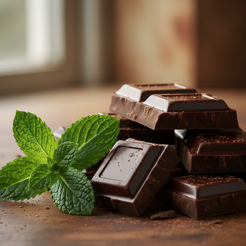 a square image of a closeup of chocolate chunks with some mint leaves on the side