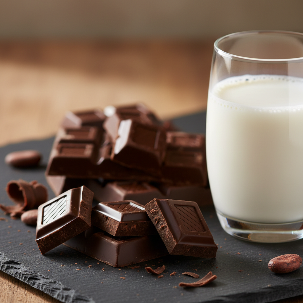 a square image of a closeup of pieces of chocolate with some a glass of milk beside them
