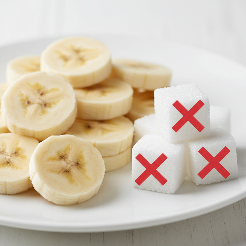 a square image of a closeup of some banana slices with a pile of sugar cubes that are crossed out to indicate that no sugar was added