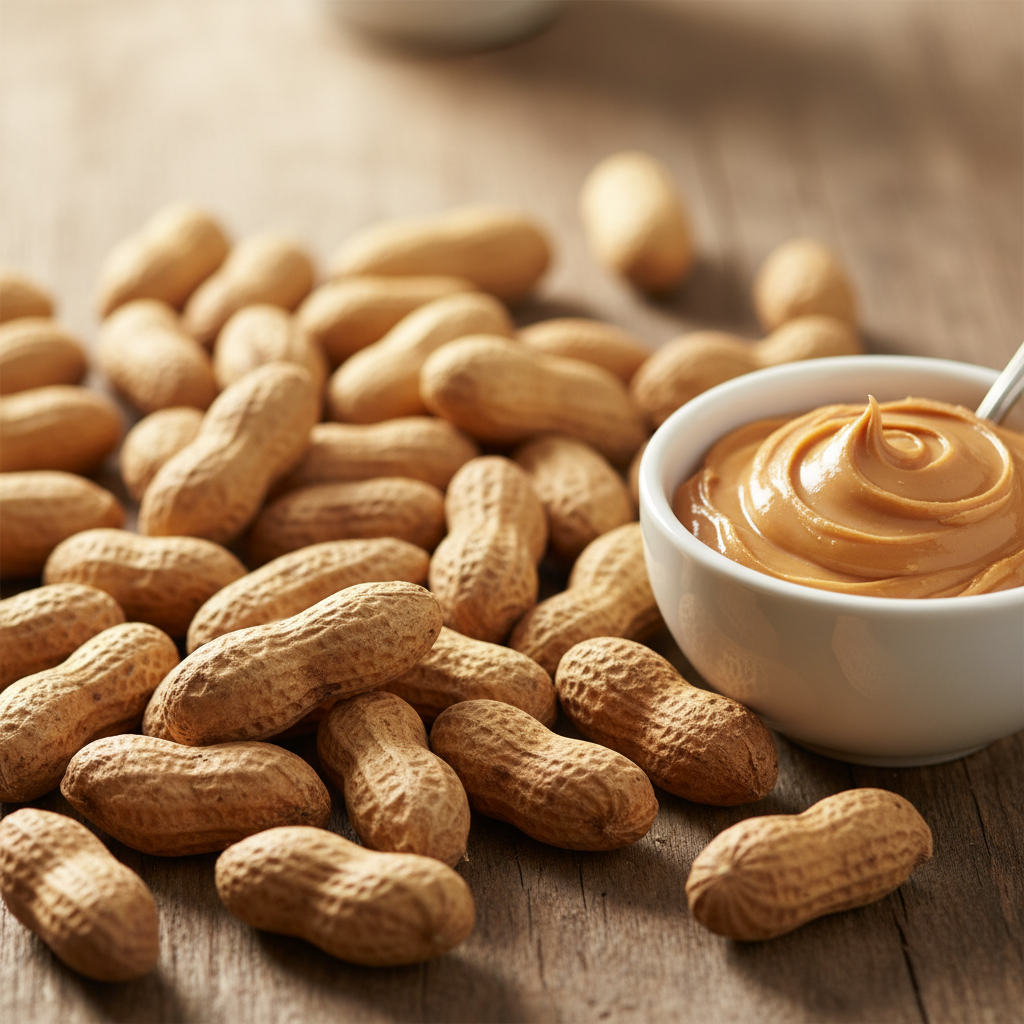 a square image of a closeup of some peanuts with a small bowl of peanut butter on the side