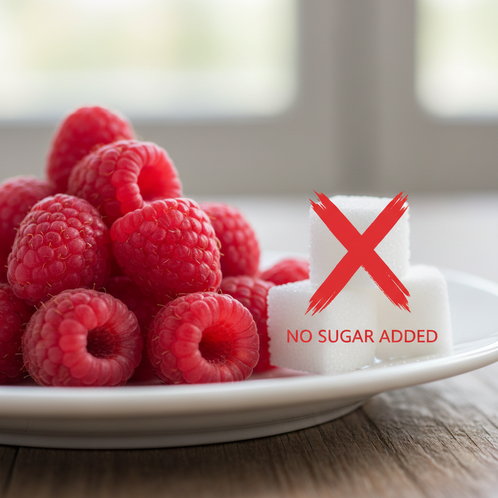 a square image of a closeup of some raspberries with a pile of sugar cubes that are crossed out to indicate that no sugar was added