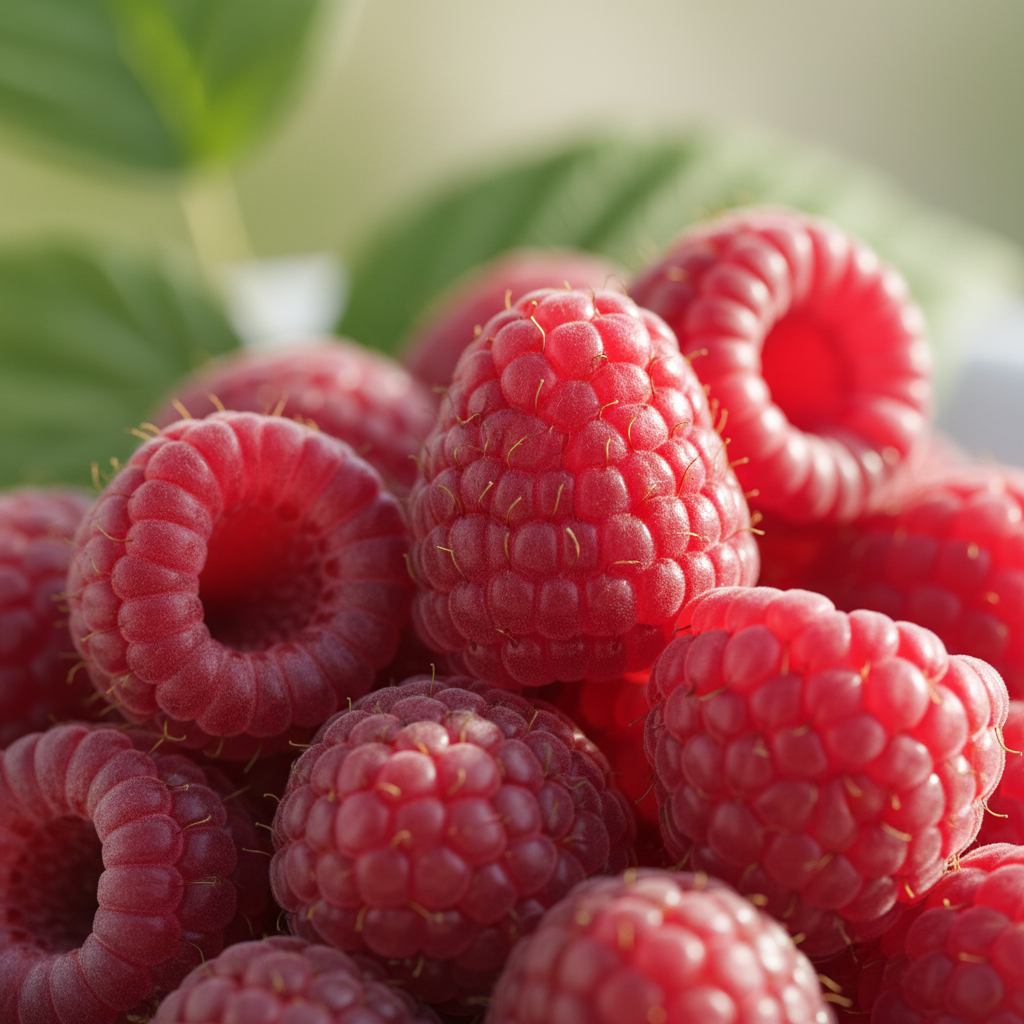 a square image of a closeup of some raspberries