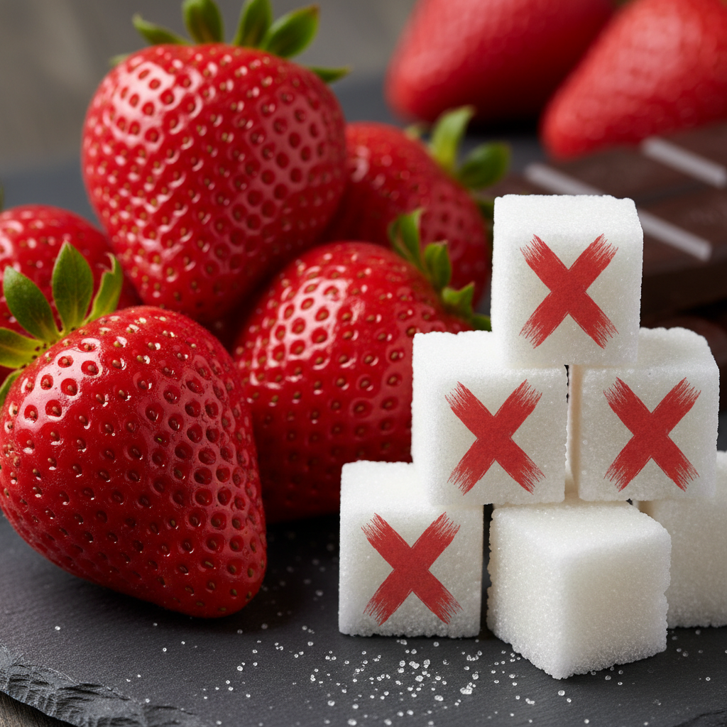 a square image of a closeup of some strawberries with a pile of sugar cubes that are crossed out to indicate that no sugar was added