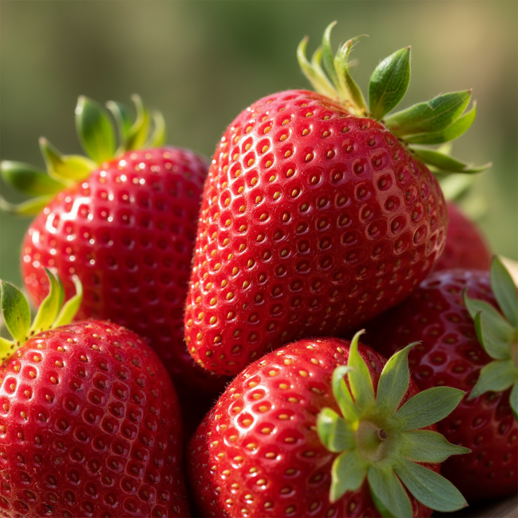 a square image of a closeup of some strawberries