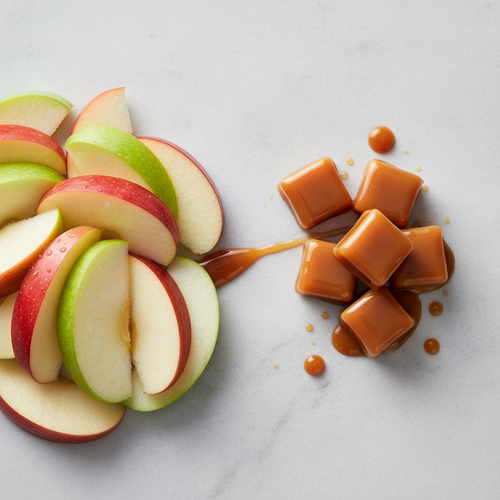 “Create a close‑up, square composition featuring fresh, vibrant apple slices on the left side and smooth, creamy caramel pieces on the right. Use soft, natural lighting, crisp detail, and a clean background to highlight the contrasting flavours. Style it for an elegant, modern product page with a premium, gourmet feel.