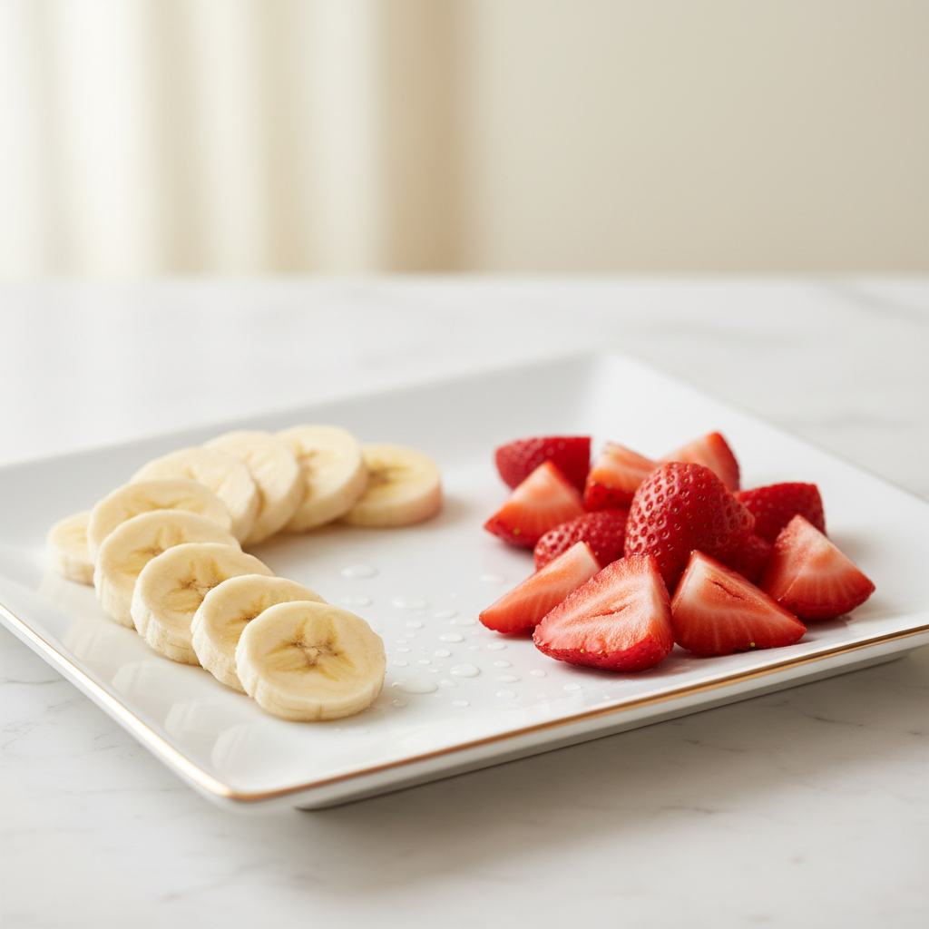 “Create a close‑up, square composition featuring fresh, vibrant banana slices on the left side and smooth, fresh strawberries pieces on the right. Use soft, natural lighting, crisp detail, and a clean background to highlight the contrasting flavours. Style it for an elegant, modern product page with a premium, gourmet feel.