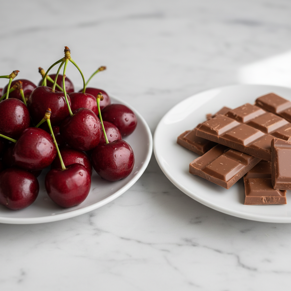 “Create a close‑up, square composition featuring fresh, vibrant cherries on the left side and smooth, creamy milk chocolate pieces on the right. Use soft, natural lighting, crisp detail, and a clean background to highlight the contrasting flavours. Style it for an elegant, modern product page with a premium, gourmet feel.
