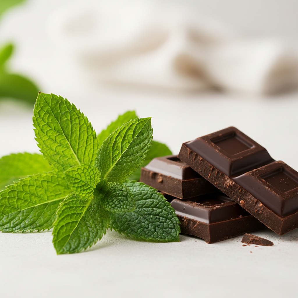 “Create a close‑up, square composition featuring fresh, vibrant mint leaves on the left side and smooth, creamy dark chocolate pieces on the right. Use soft, natural lighting, crisp detail, and a clean background to highlight the contrasting flavours. Style it for an elegant, modern product page with a premium, gourmet feel.