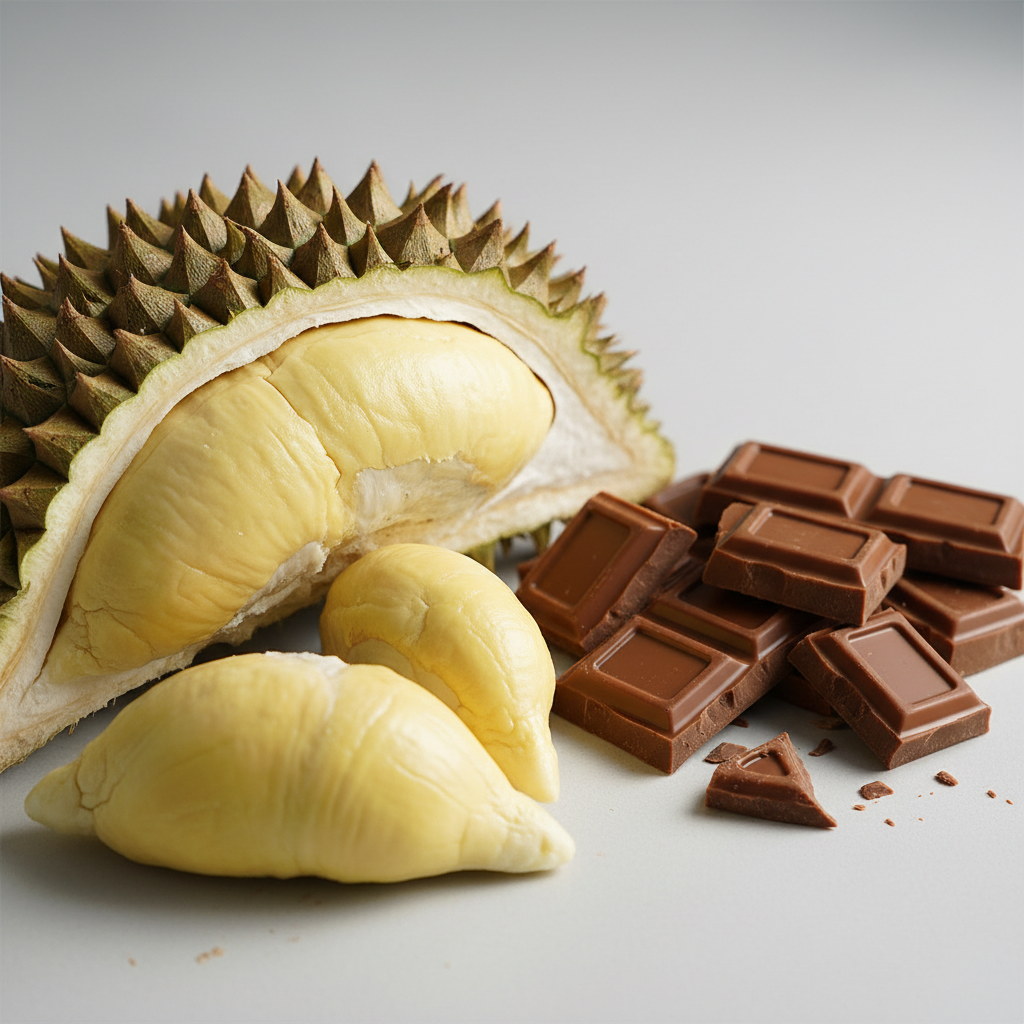 “Create a close‑up, square composition featuring fresh, vibrant open durian on the left side and smooth, creamy milk chocolate pieces on the right. Use soft, natural lighting, crisp detail, and a clean background to highlight the contrasting flavours. Style it for an elegant, modern product page with a premium, gourmet feel.