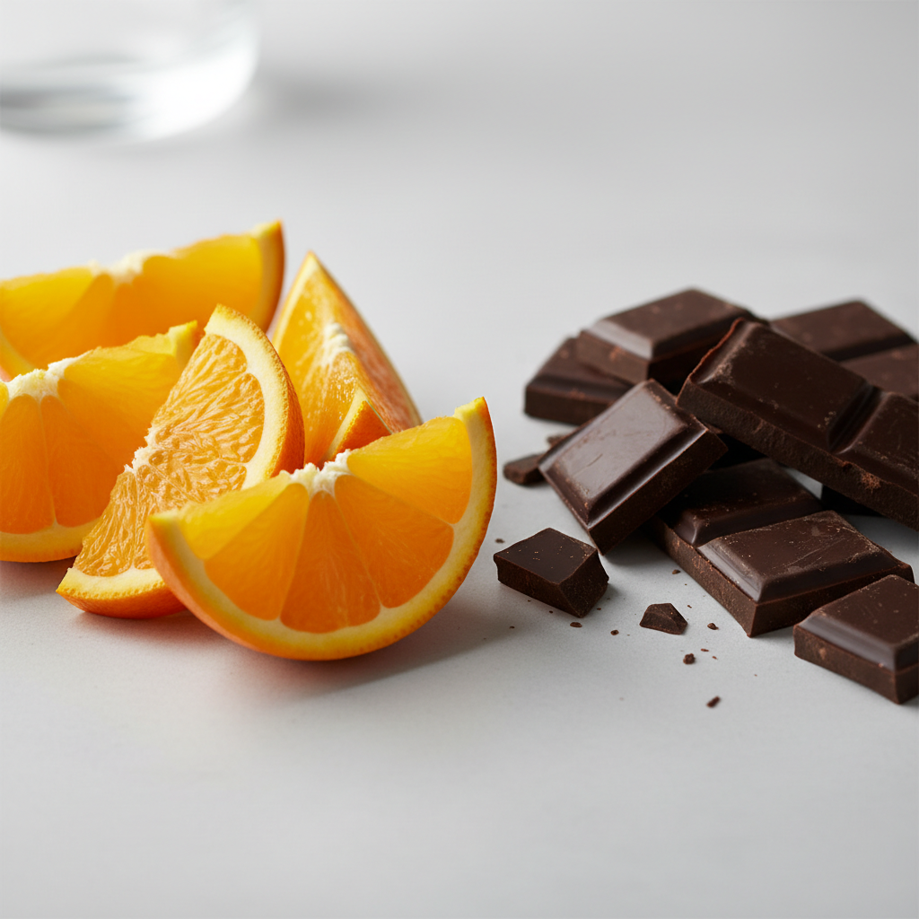 “Create a close‑up, square composition featuring fresh, vibrant orange slices on the left side and smooth, creamy dark chocolate pieces on the right. Use soft, natural lighting, crisp detail, and a clean background to highlight the contrasting flavours. Style it for an elegant, modern product page with a premium, gourmet feel.