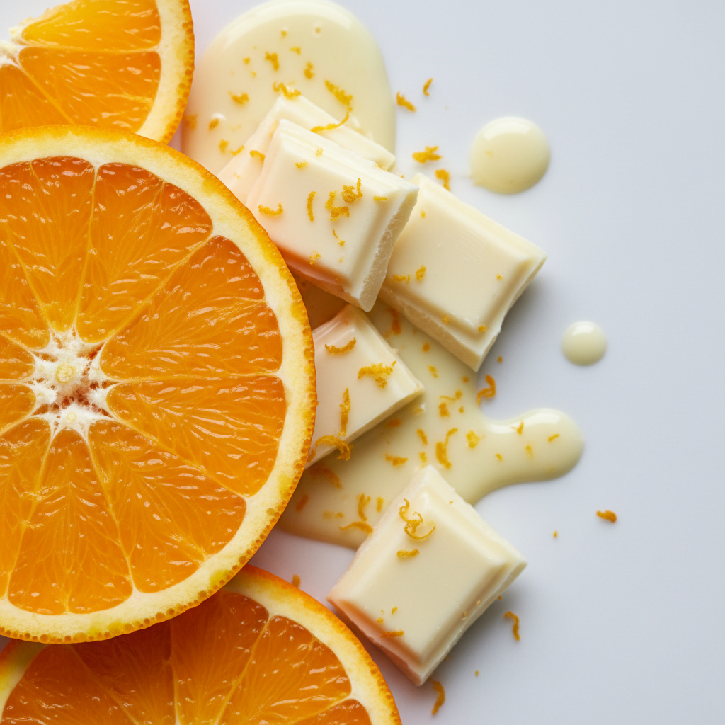 Create a close‑up, square composition featuring fresh, vibrant orange slices on the left side and smooth, creamy white chocolate pieces on the right. Use soft, natural lighting, crisp detail, and a clean background to highlight the contrasting flavours. Style it for an elegant, modern product page with a premium, gourmet feel.
