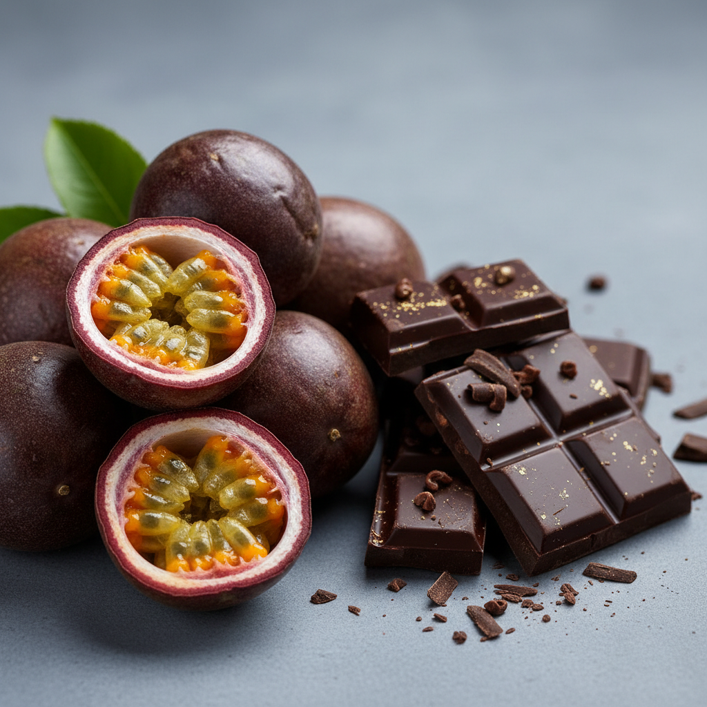 “Create a close‑up, square composition featuring fresh, vibrant passion fruit on the left side and smooth, creamy dark chocolate pieces on the right. Use soft, natural lighting, crisp detail, and a clean background to highlight the contrasting flavours. Style it for an elegant, modern product page with a premium, gourmet feel.