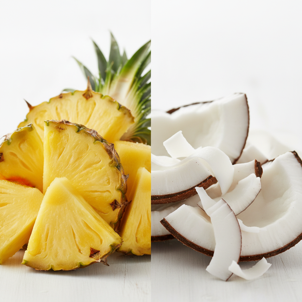 “Create a close‑up, square composition featuring fresh, vibrant pineapple on the left side and smooth, a coconut pieces on the right. Use soft, natural lighting, crisp detail, and a clean background to highlight the contrasting flavours. Style it for an elegant, modern product page with a premium, gourmet feel.