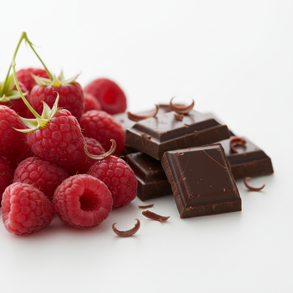 “Create a close‑up, square composition featuring fresh, vibrant raspberries on the left side and smooth, creamy dark chocolate pieces on the right. Use soft, natural lighting, crisp detail, and a clean background to highlight the contrasting flavours. Style it for an elegant, modern product page with a premium, gourmet feel.