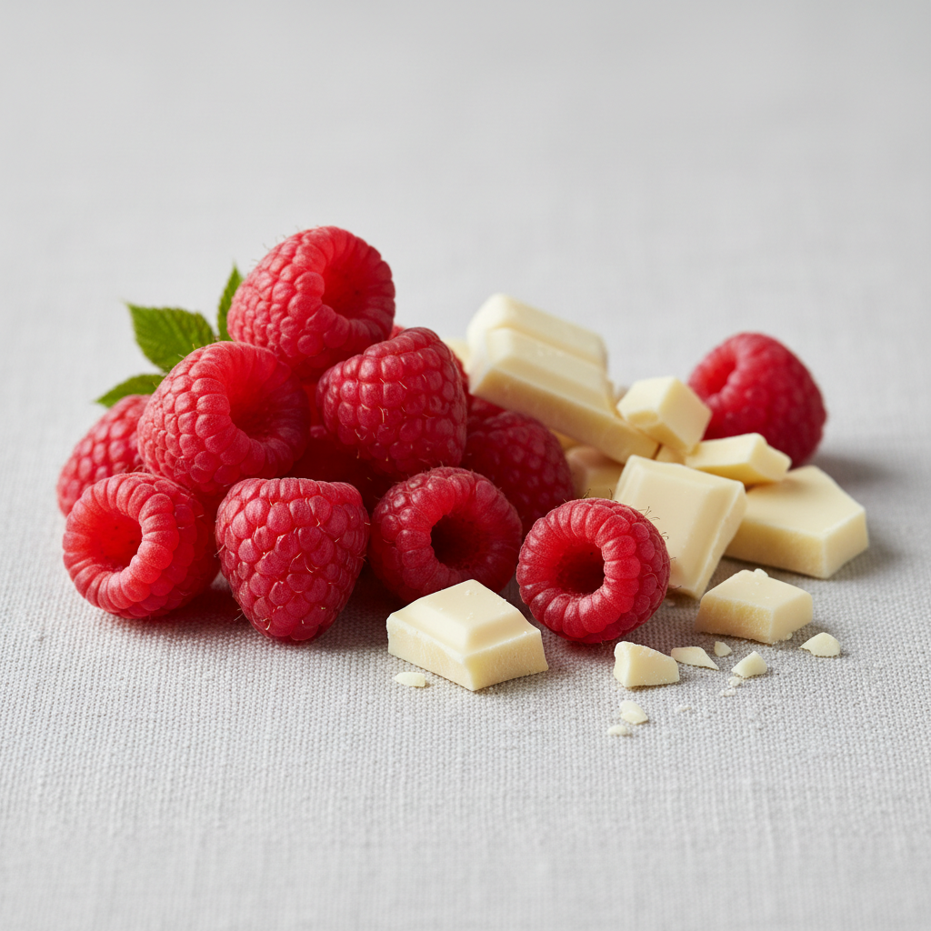 “Create a close‑up, square composition featuring fresh, vibrant raspberryes on the left side and smooth, creamy white chocolate pieces on the right. Use soft, natural lighting, crisp detail, and a clean background to highlight the contrasting flavours. Style it for an elegant, modern product page with a premium, gourmet feel.