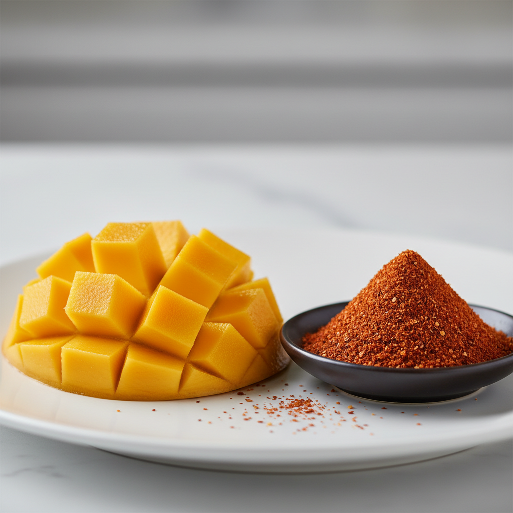 “Create a close‑up, square composition featuring fresh, vibrant sliced mango in the mango way on the left side and smooth, and a pile of tajin spice on the right. Use soft, natural lighting, crisp detail, and a clean background to highlight the contrasting flavours. Style it for an elegant, modern product page with a premium, gourmet feel.
