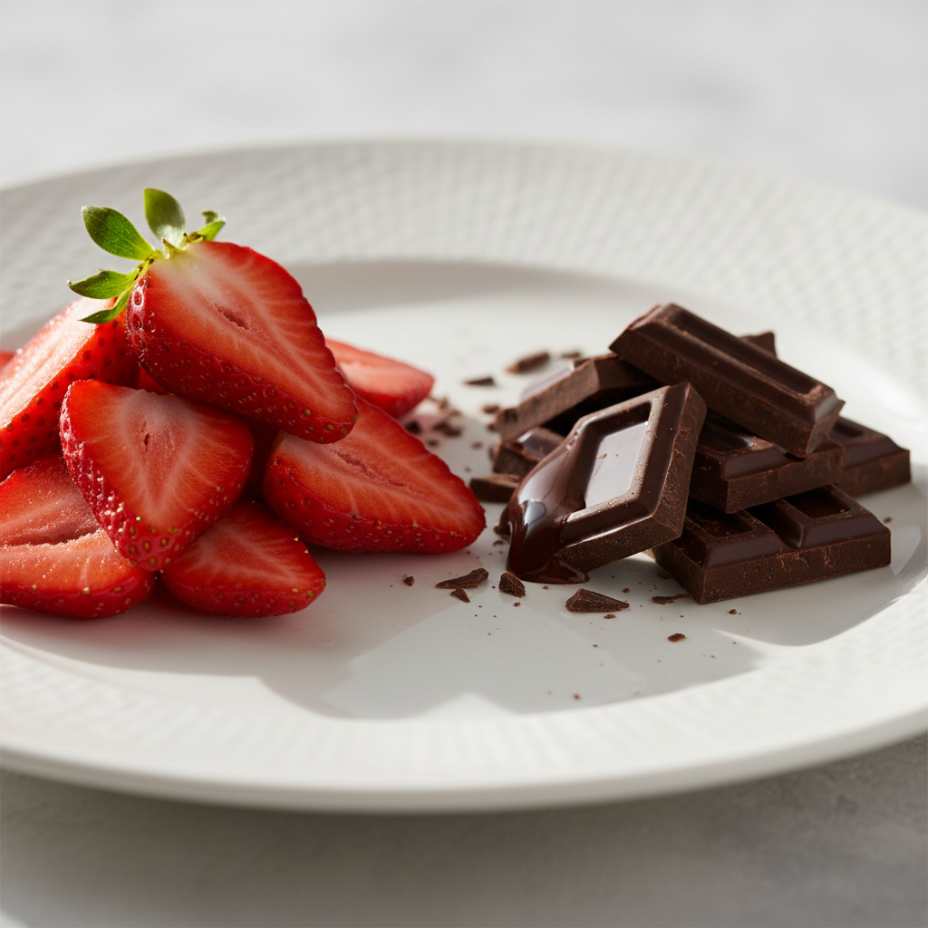 “Create a close‑up, square composition featuring fresh, vibrant strawberry slices on the left side and smooth, creamy dark chocolate pieces on the right. Use soft, natural lighting, crisp detail, and a clean background to highlight the contrasting flavours. Style it for an elegant, modern product page with a premium, gourmet feel.