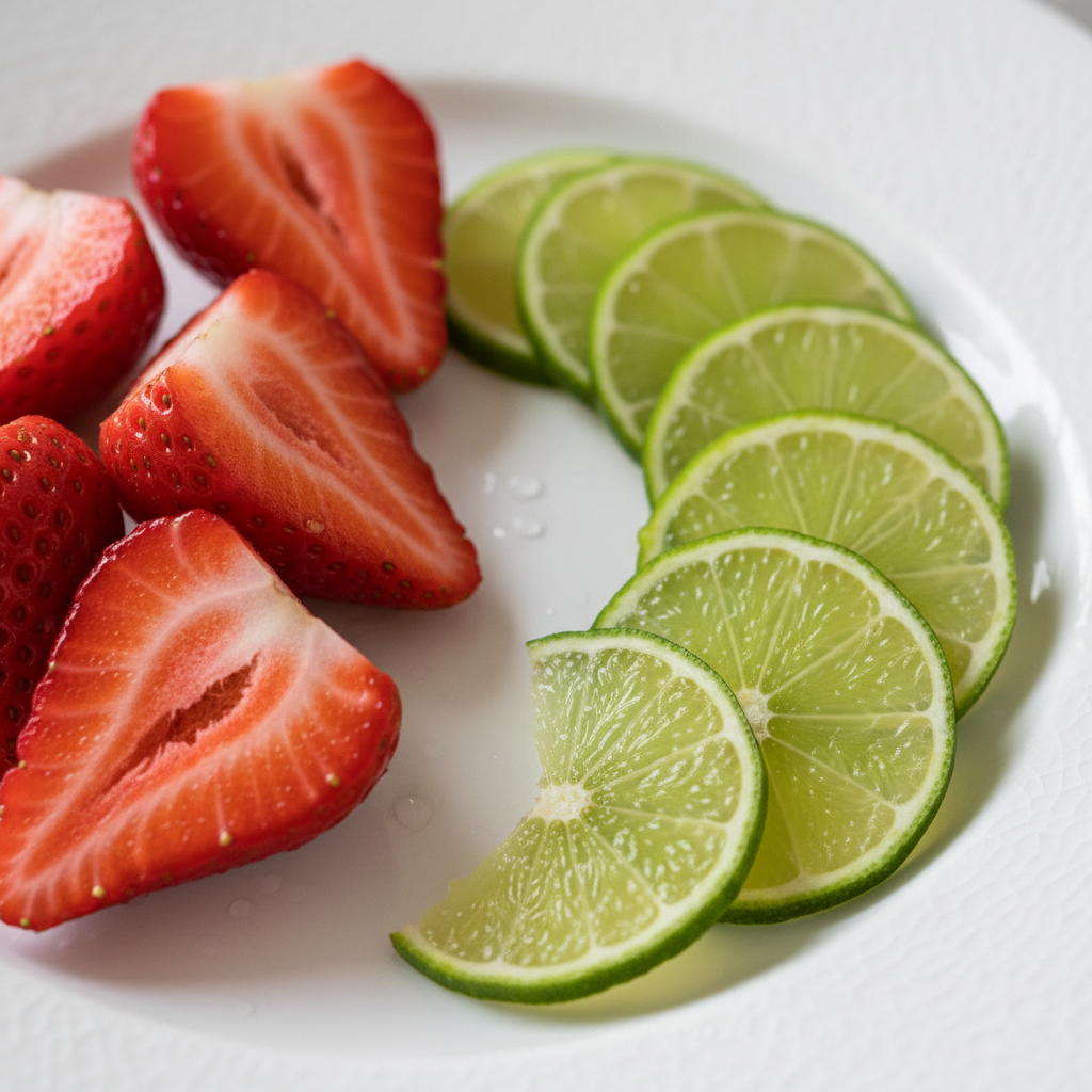 “Create a close‑up, square composition featuring fresh, vibrant strawberry slices on the left side and smooth, lime pieces on the right. Use soft, natural lighting, crisp detail, and a clean background to highlight the contrasting flavours. Style it for an elegant, modern product page with a premium, gourmet feel.