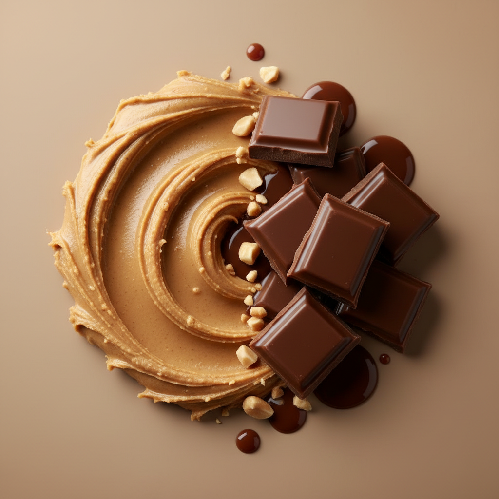 “Create a close‑up, square composition featuring peanut butter on the left side and smooth, creamy milk chocolate pieces on the right. Use soft, natural lighting, crisp detail, and a clean background to highlight the contrasting flavours. Style it for an elegant, modern product page with a premium, gourmet feel.