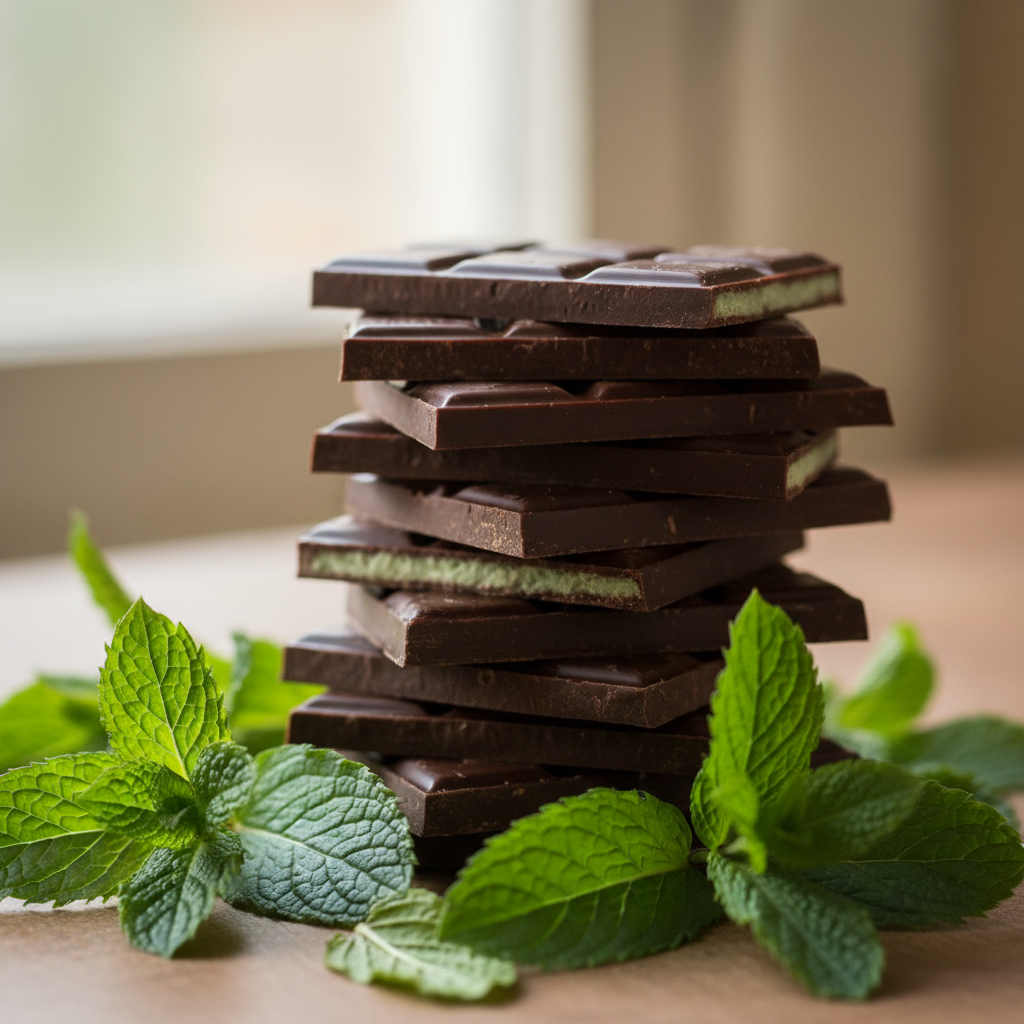 Create a square image of a close‑up of a stack of thin after eight mints among some mint leave