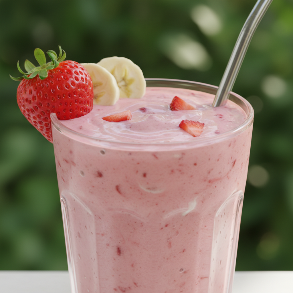 Create a square image of a close‑up of a strawberry and banana smoothy