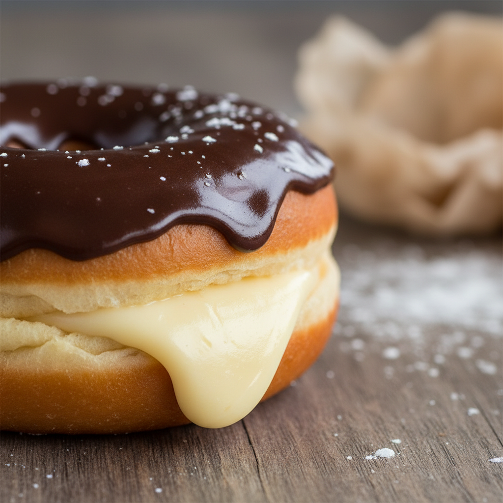 Create a square image of a close‑up of Boston cream doughnut
