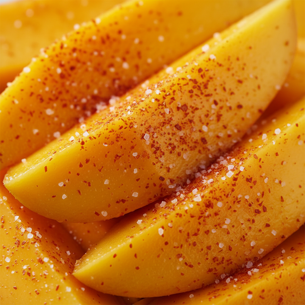 Create a square image of a close‑up of mango slices with tajin sprinkled on