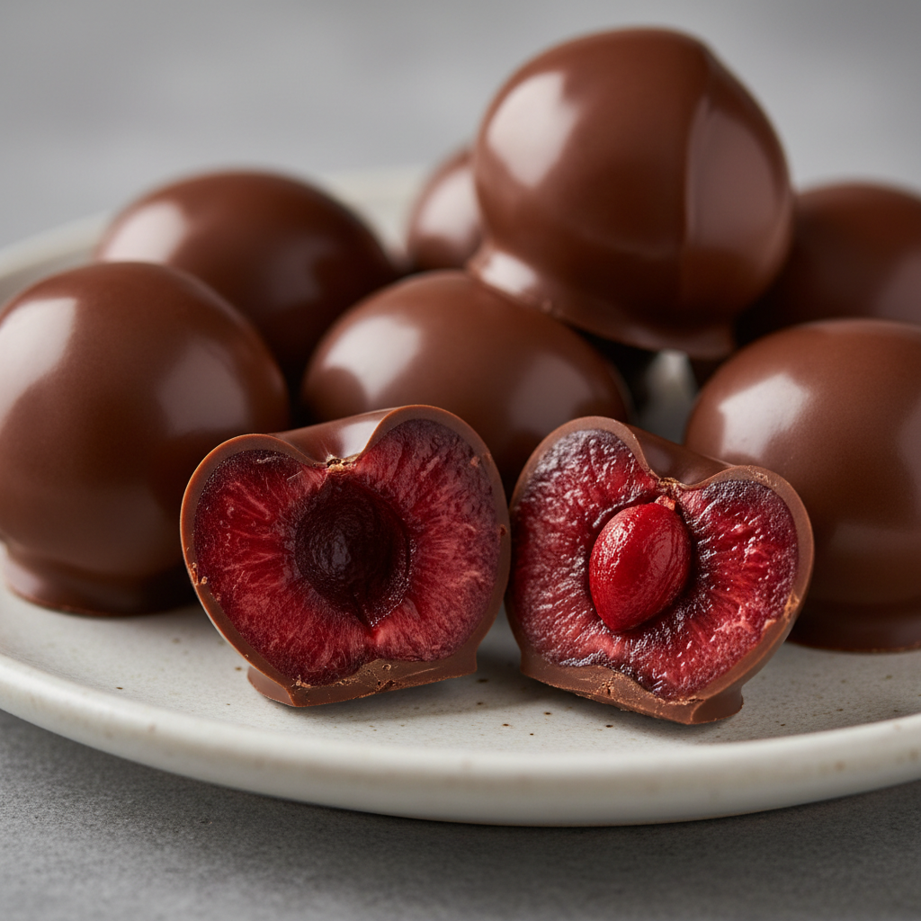 Create a square image of a close‑up of milk chocolate covered cherries