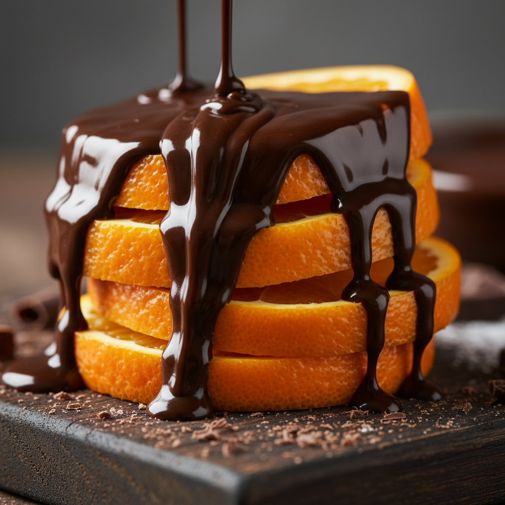 Create a square image of a close‑up of orange slices covered in dark chocolate syrup