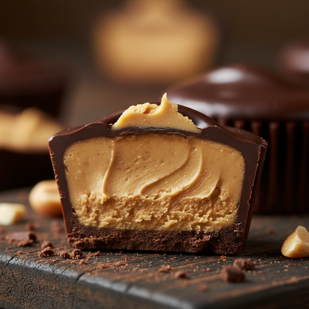 Create a square image of a close‑up of peanut butter cup