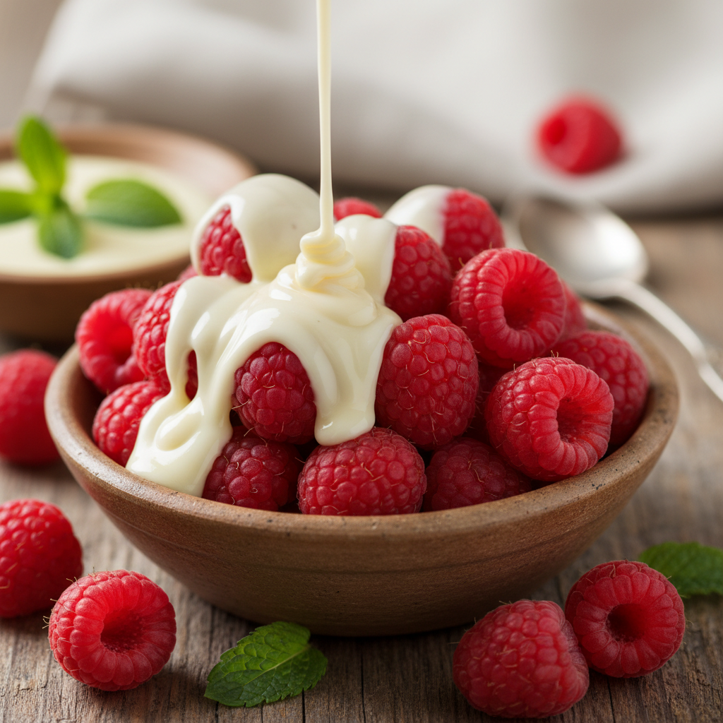 Create a square image of a close‑up of raspberries covered in white chocolate syrup
