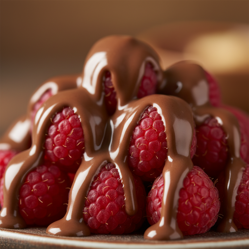 Create a square image of a close‑up of raspberries covered milk chocolate syrup